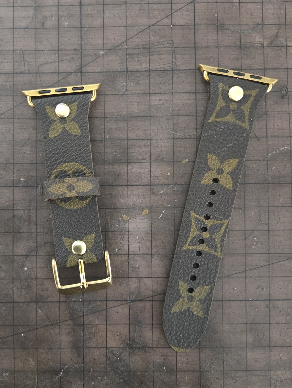 Brown Monogram Leather Apple Watch Band with Gold Hardware